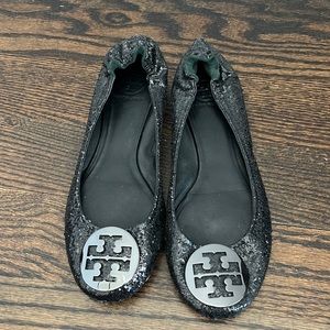 Tory Burch Reva Black Glitter Silver Logo Slip On Round Toe Ballet Flats Shoes